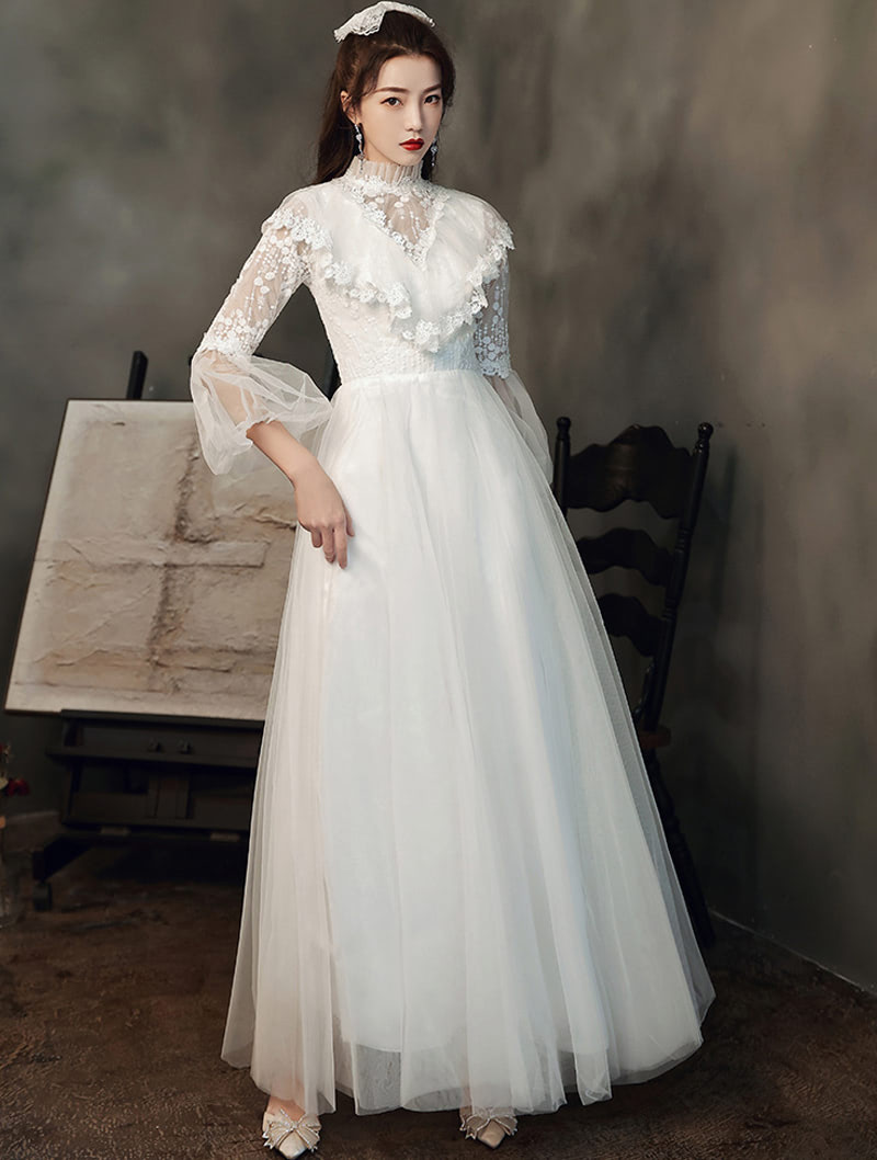 Elegant Long Sleeve White Maxi Dress Prom & Dance Ball Gown01
