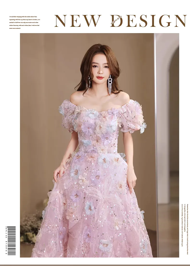 Elegant Princess Style Pink Cocktail Engagement Floral Evening Gown -  FloraShe
