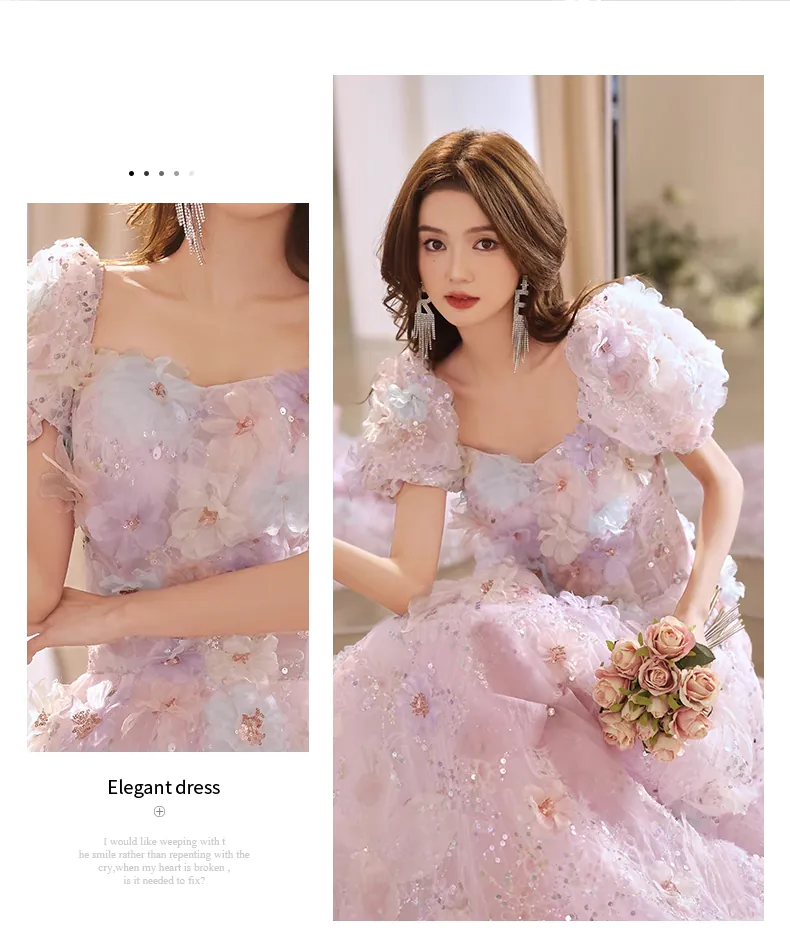 Elegant Princess Style Pink Cocktail Engagement Floral Evening Gown -  FloraShe