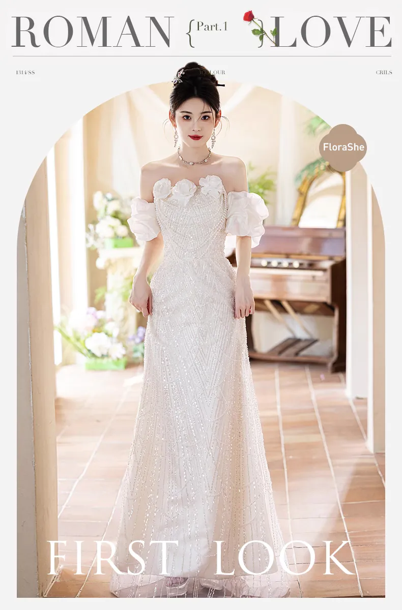 Elegant White Off-Shoulder Pearl Embellished Banquet Evening Dress (Size: S)