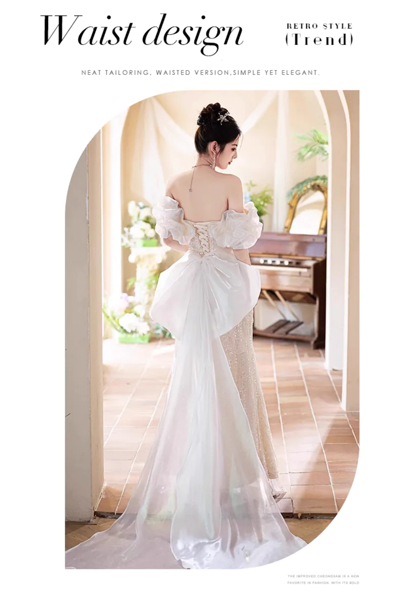 Elegant White Off-Shoulder Pearl Embellished Banquet Evening Dress (Size: S) Elegant White Off-Shoulder Pearl Embellished Banquet Evening Dress (Size: S)