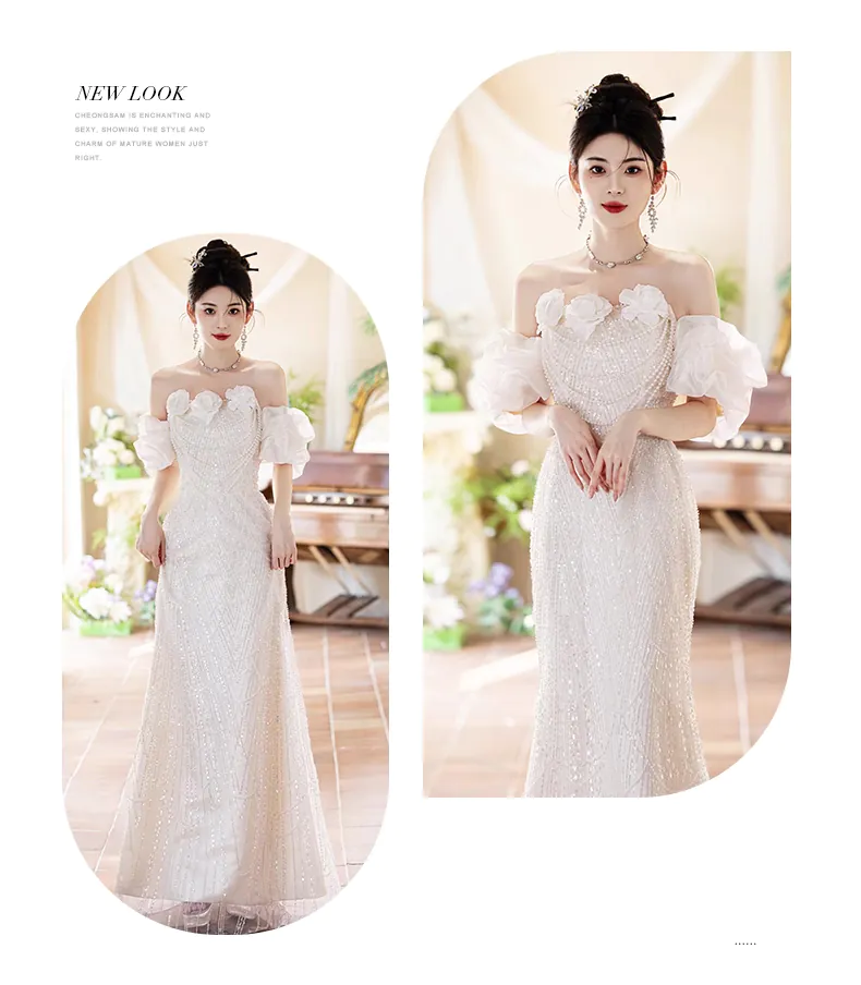Elegant White Off-Shoulder Pearl Embellished Banquet Evening Dress (Size: S)