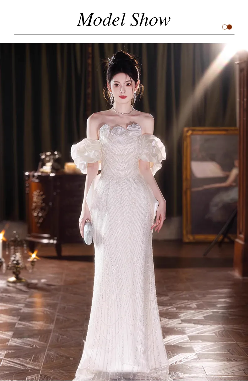 Elegant White Off-Shoulder Pearl Embellished Banquet Evening Dress (Size: S)