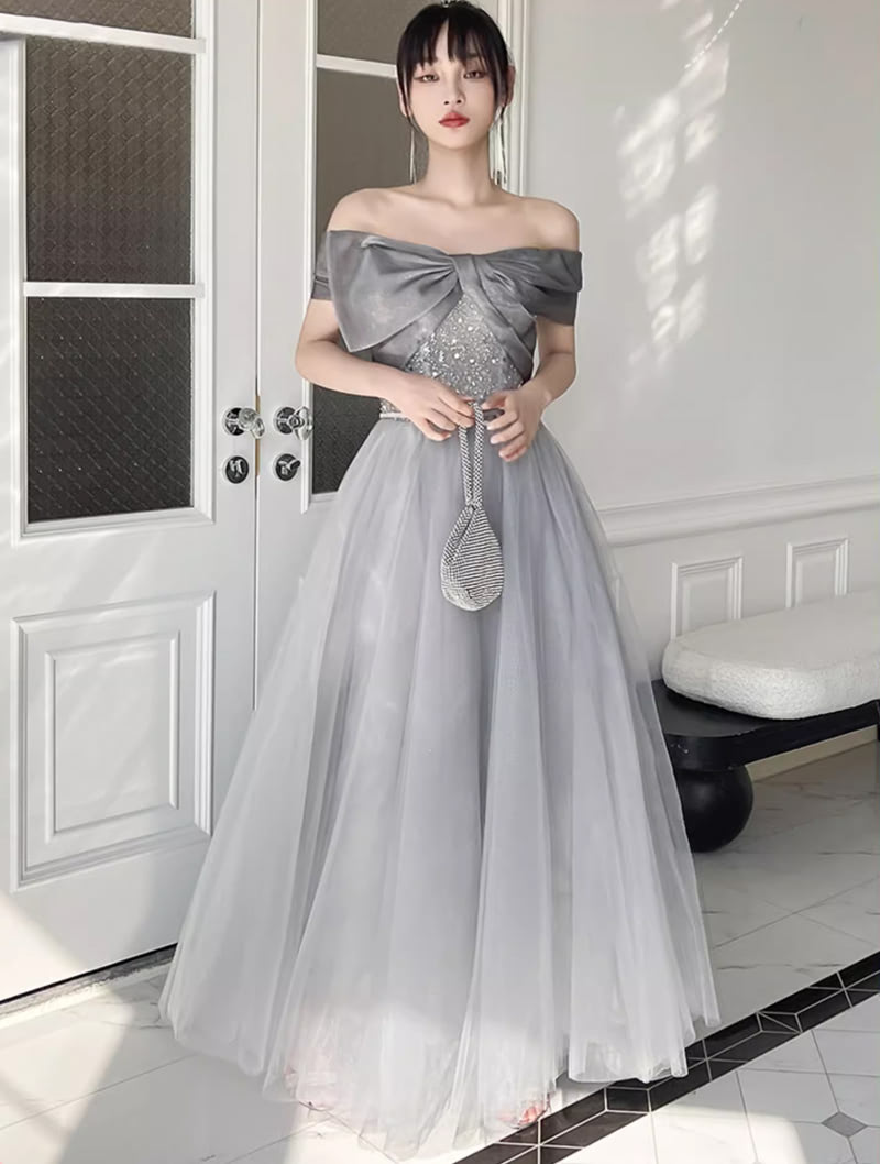 Fashion A line Summer Grey Tulle Evening Prom Bridesmaid Maxi Dress02