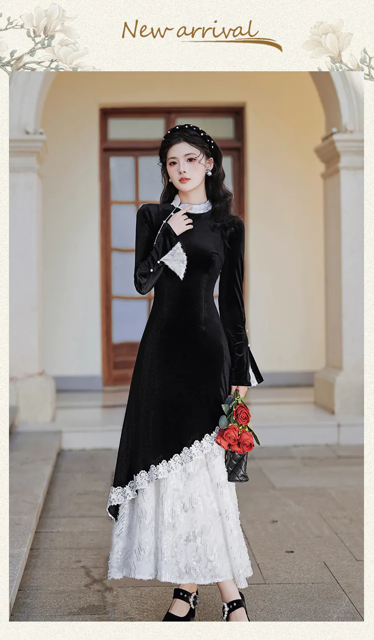 Fashion-Black-Velvet-Lace-Patchwork-Fake-Two-Piece-Work-Casual-Dress07