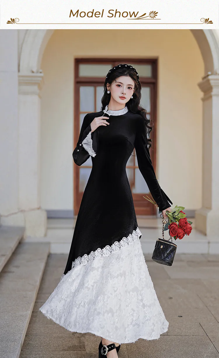 Fashion-Black-Velvet-Lace-Patchwork-Fake-Two-Piece-Work-Casual-Dress08