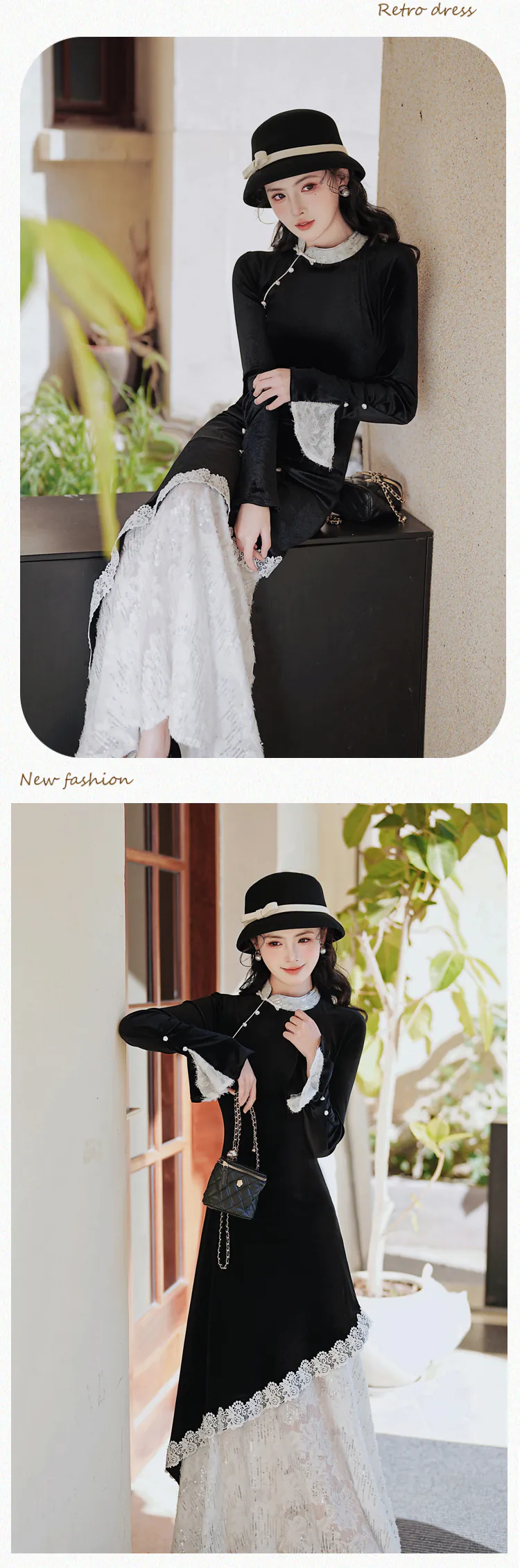 Fashion-Black-Velvet-Lace-Patchwork-Fake-Two-Piece-Work-Casual-Dress10