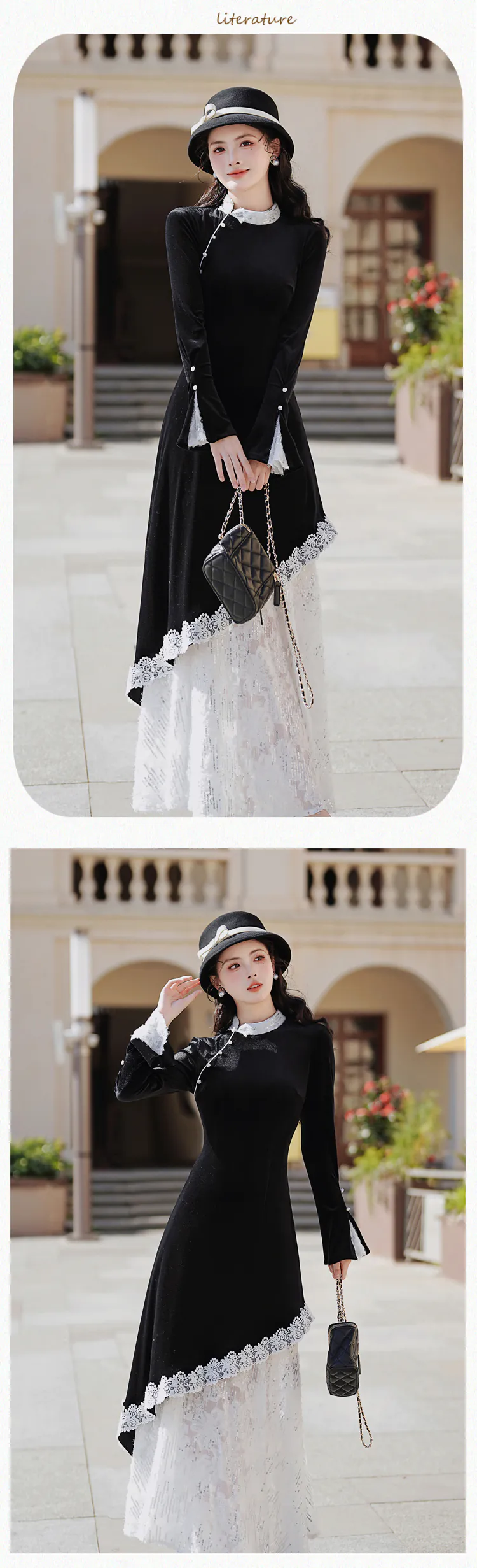 Fashion-Black-Velvet-Lace-Patchwork-Fake-Two-Piece-Work-Casual-Dress11