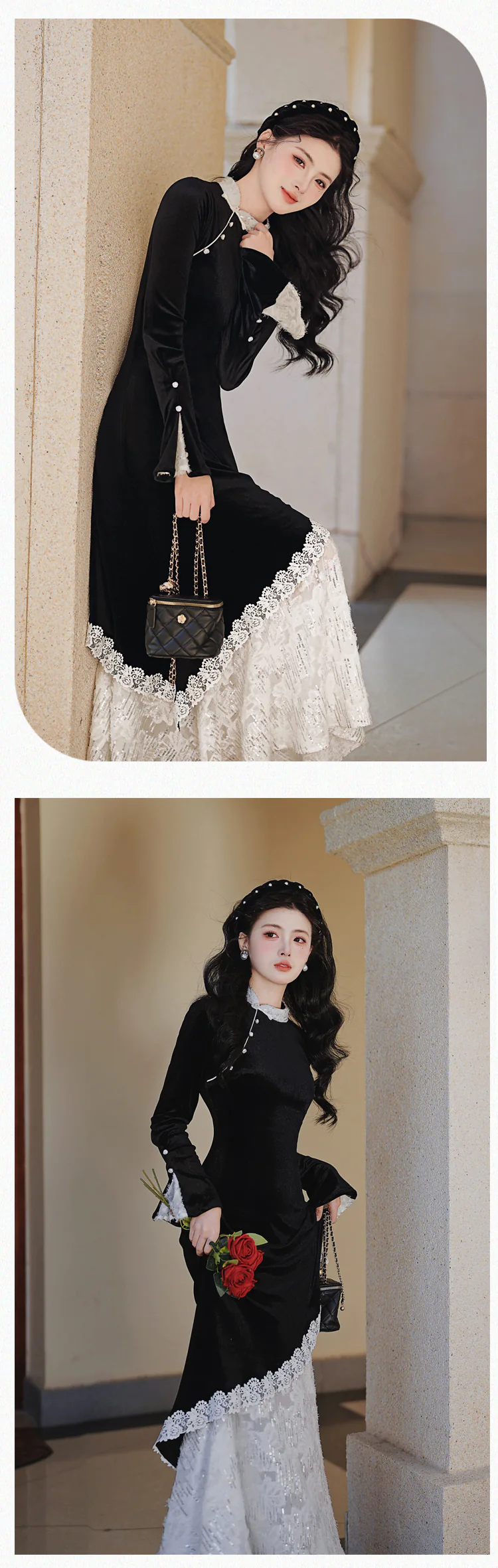Fashion-Black-Velvet-Lace-Patchwork-Fake-Two-Piece-Work-Casual-Dress12