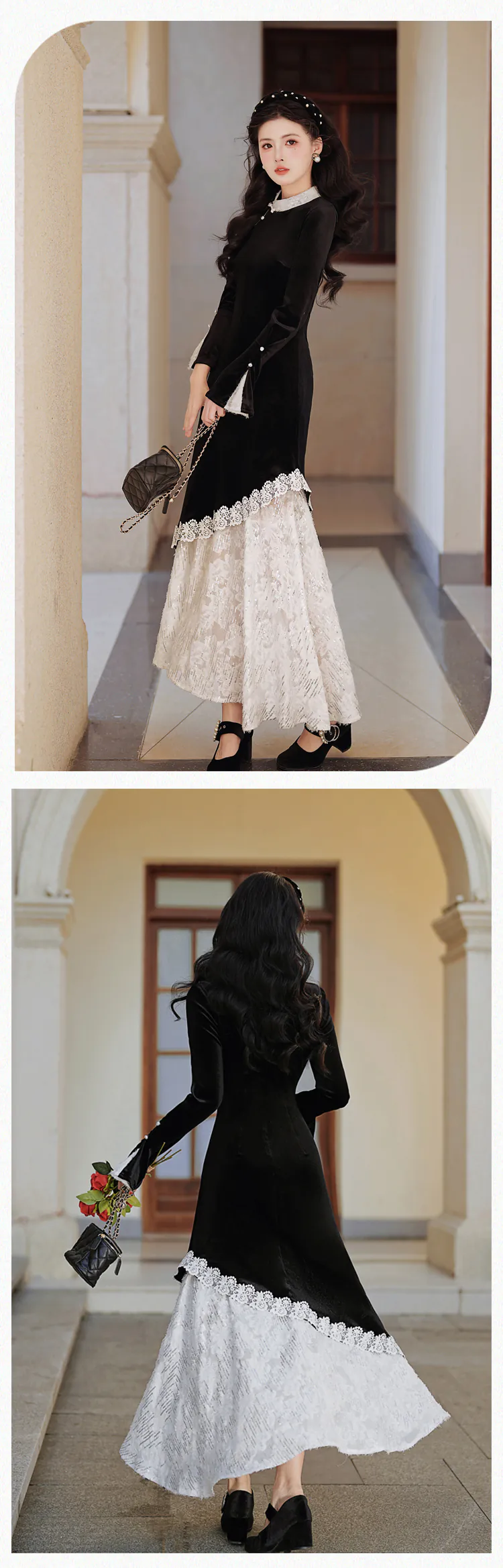 Fashion-Black-Velvet-Lace-Patchwork-Fake-Two-Piece-Work-Casual-Dress13