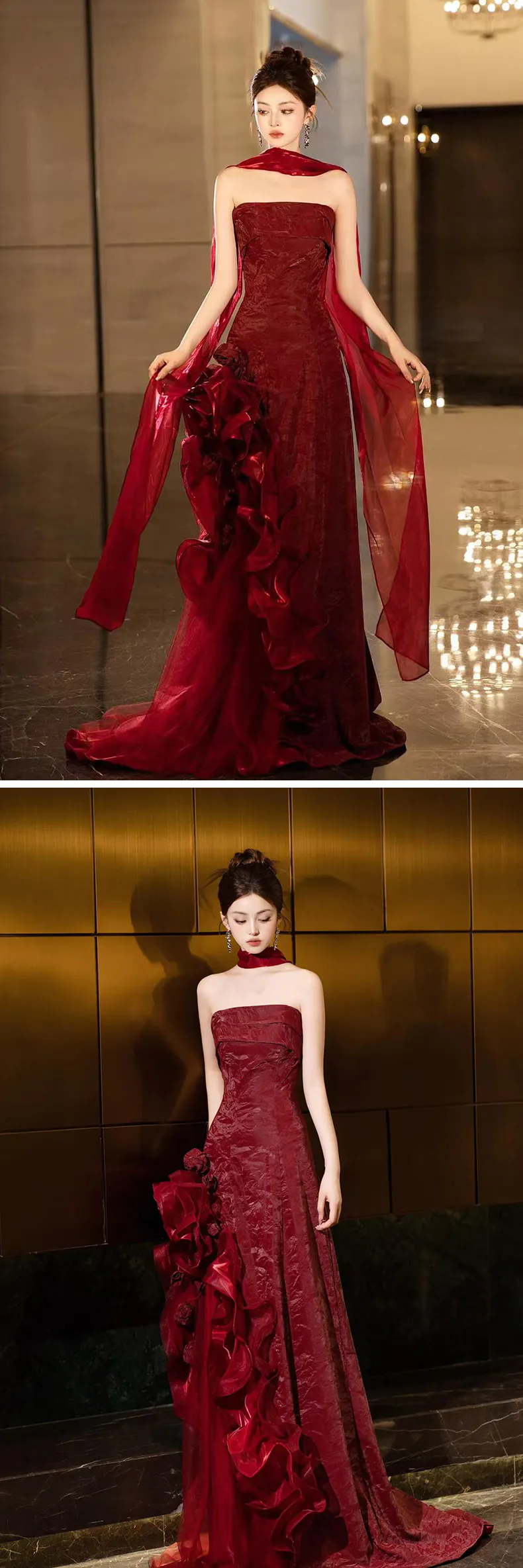 Glamorous-Burgundy-Strapless-Side-Ruffle-Gala-Prom-Formal-Party-Dress11