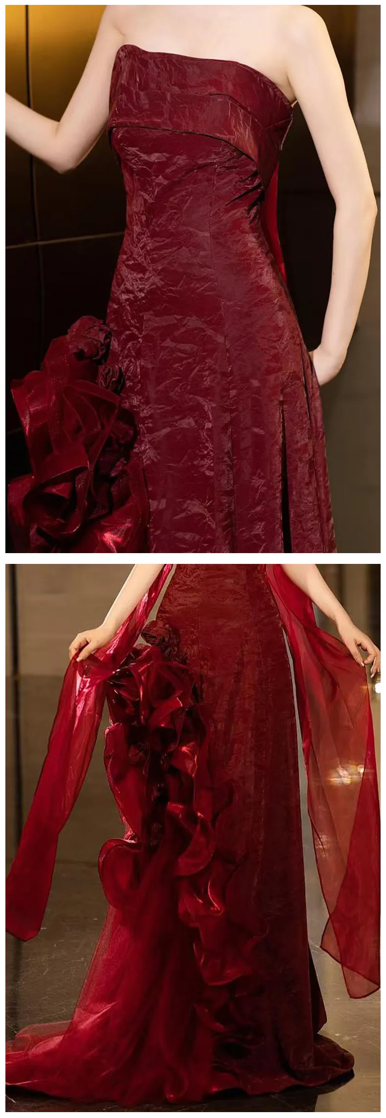 Glamorous-Burgundy-Strapless-Side-Ruffle-Gala-Prom-Formal-Party-Dress14