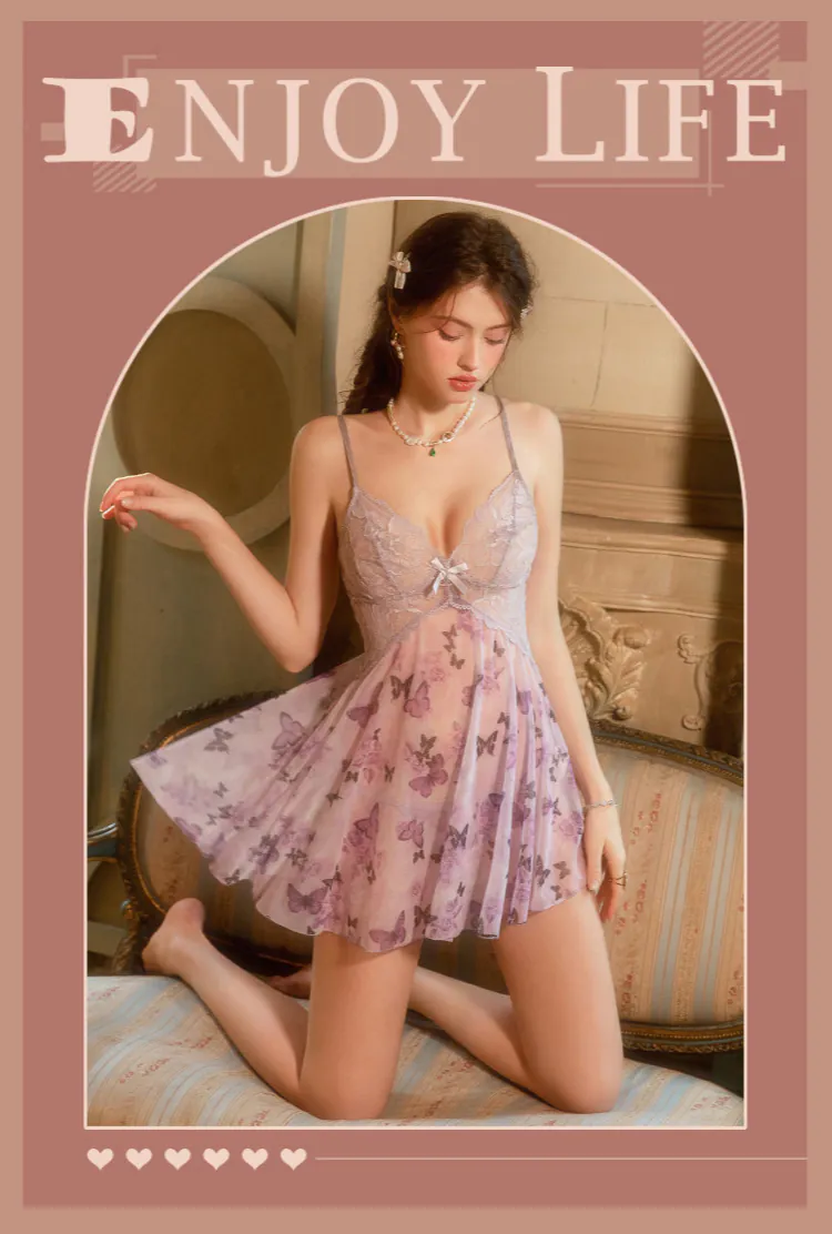 Ladies-Butterfly-Print-Sheer-Mesh-Lace-See-Through-Babydoll-Nightgown07