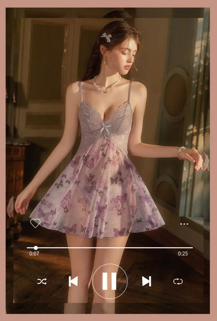 Ladies-Butterfly-Print-Sheer-Mesh-Lace-See-Through-Babydoll-Nightgown10