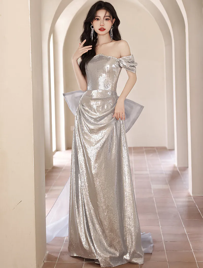 Luxury Silver Off the Shoulder Prom Dress Charming Long Formal Gown01