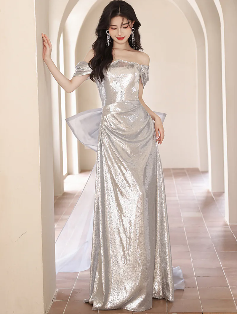 Luxury Silver Off the Shoulder Prom Dress Charming Long Formal Gown02