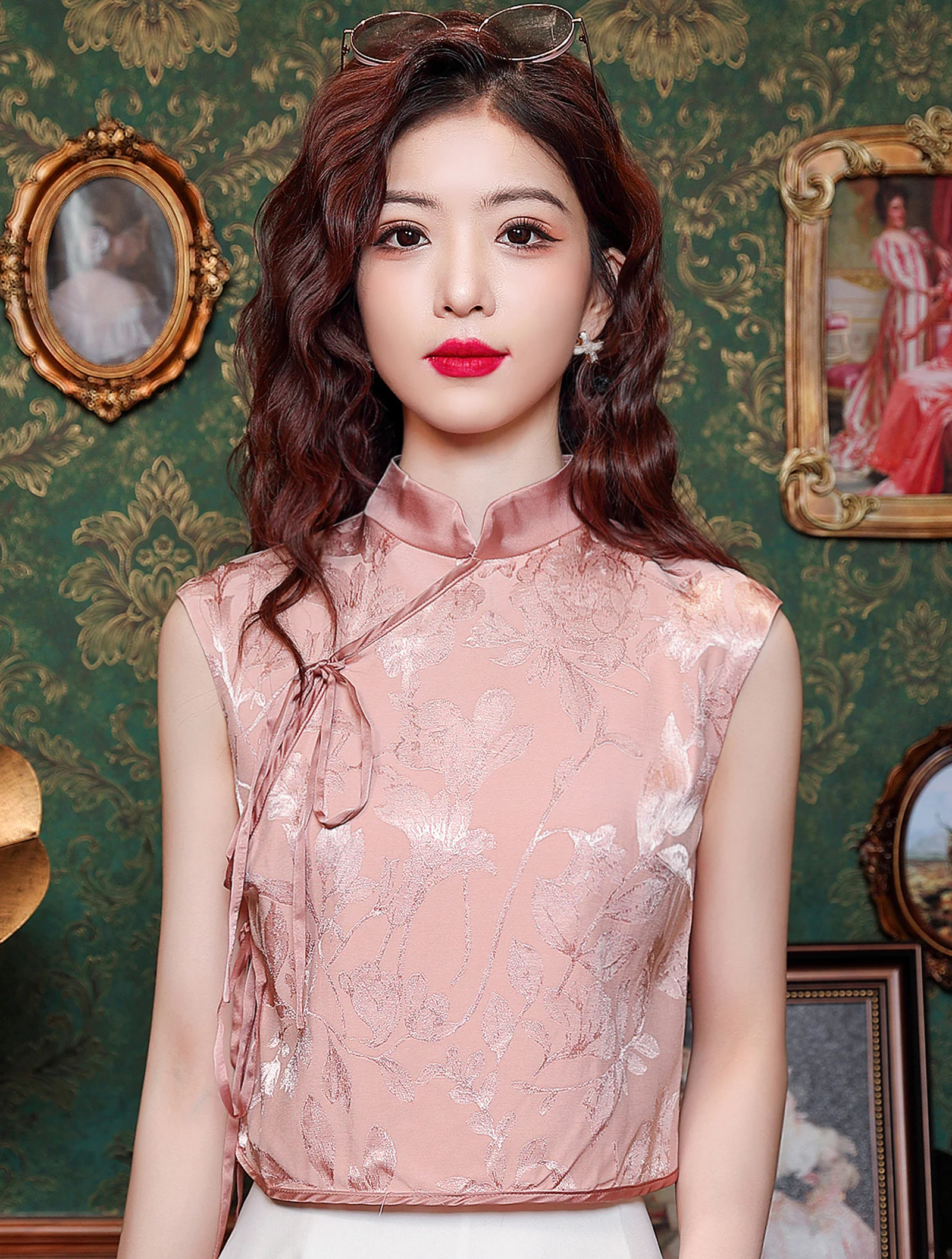 Romantic Pink Short Sleeve Floral Jacquard Summer Casual Shirt01