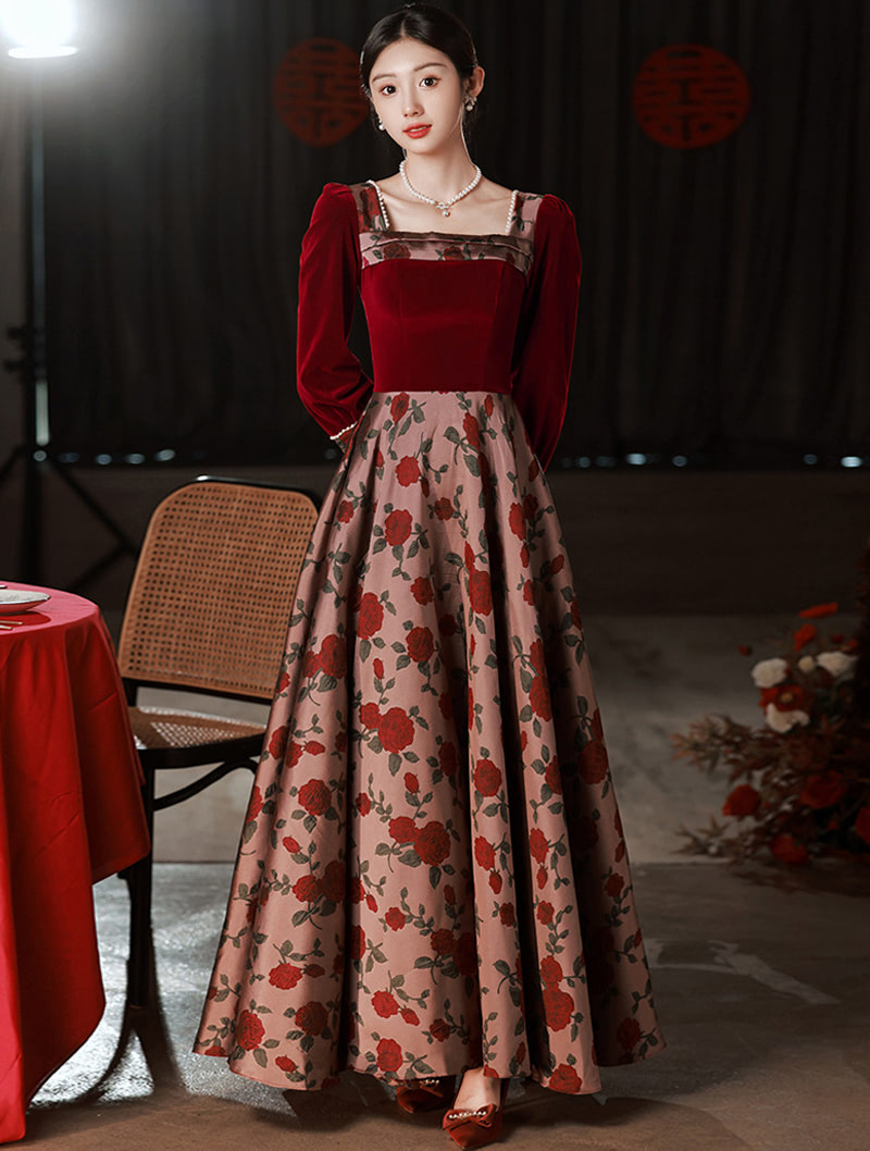 Simple Long Sleeve Floral Rose Print Maxi Dress for Party Prom Wedding01