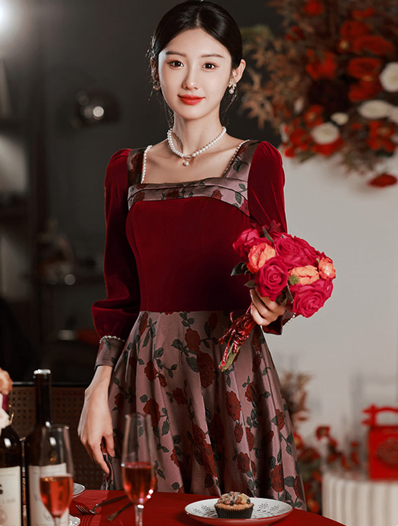 Simple Long Sleeve Floral Rose Print Maxi Dress for Party Prom Wedding01