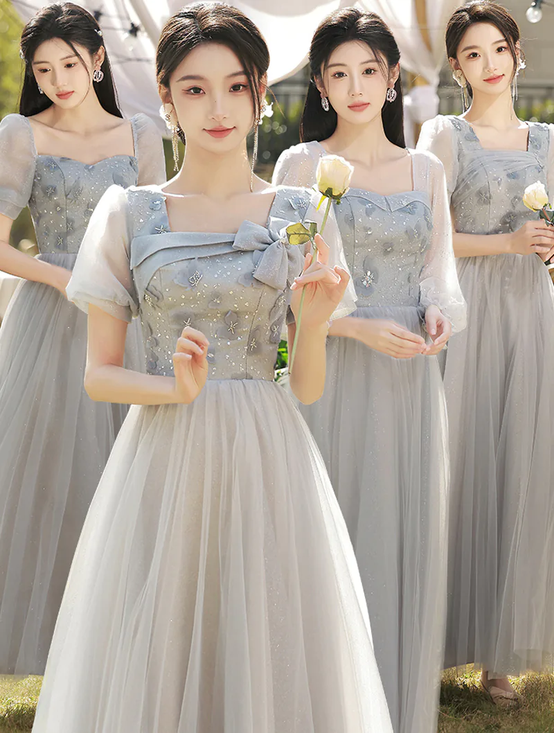 Sweet Short Sleeve Grey Bridesmaid Maxi Dress Wedding Party Gown02