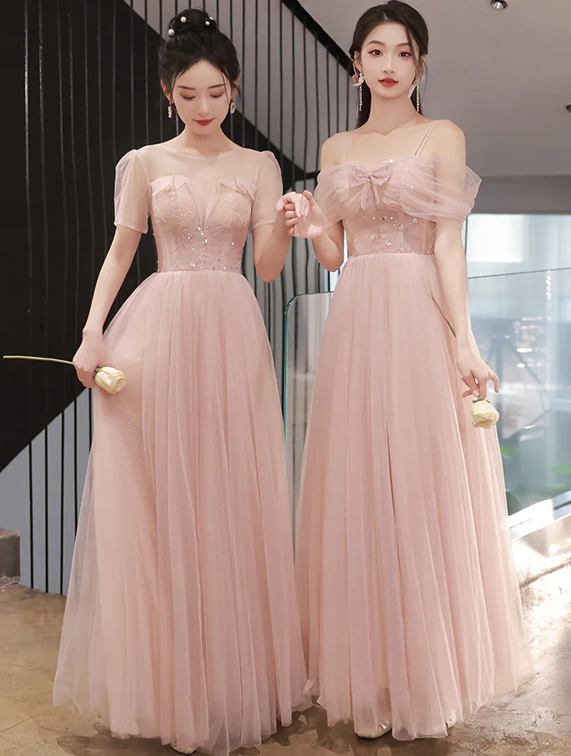Trendy Pink Mesh Chiffon Bridesmaid Maxi Dress Evening Party Gown01