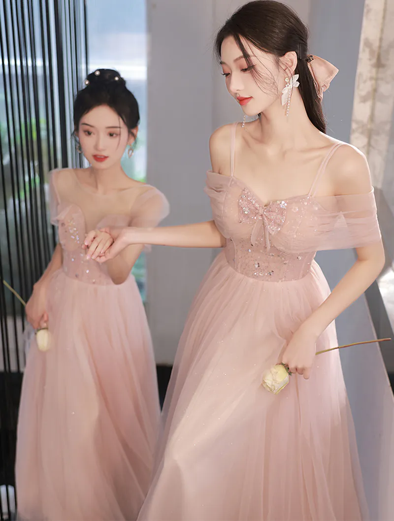 Trendy Pink Mesh Chiffon Bridesmaid Maxi Dress Evening Party Gown02