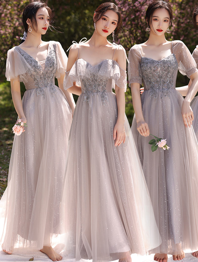 A Line Gray Bridesmaid Long Dress Lace Floral Embroidery Party Gown02