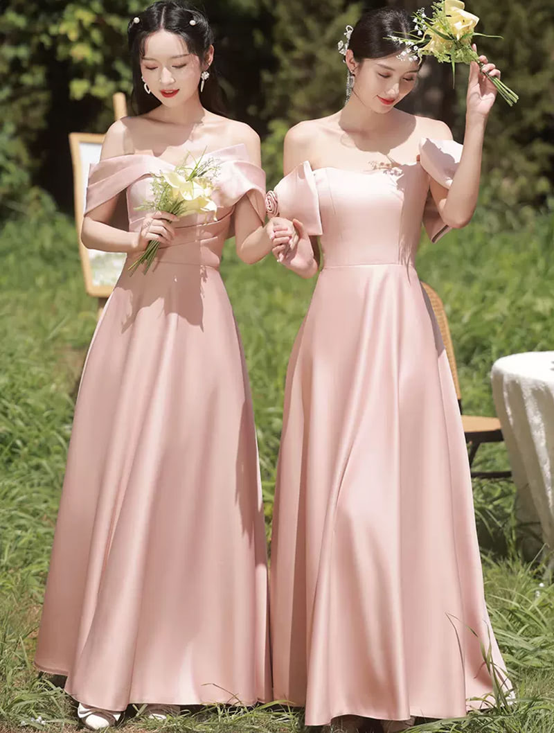 Chic Women's Pink Satin Bridesmaid Cocktail Party Formal Maxi Dress01