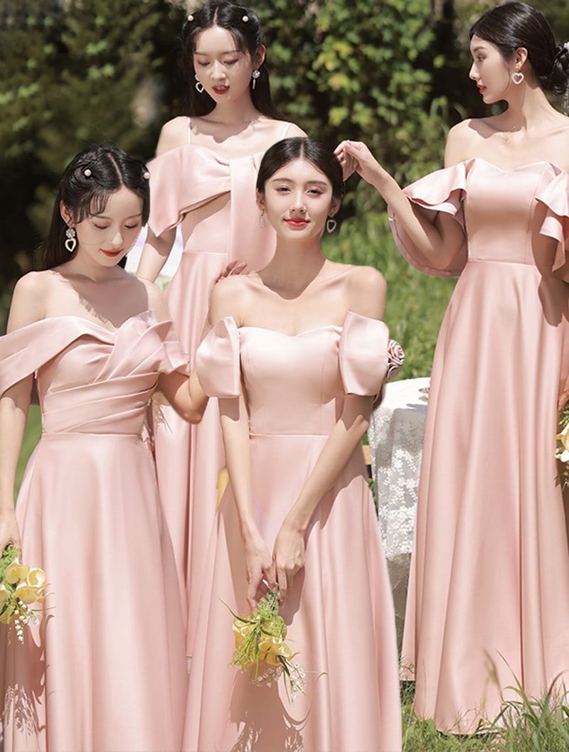 Chic Women's Pink Satin Bridesmaid Cocktail Party Formal Maxi Dress02