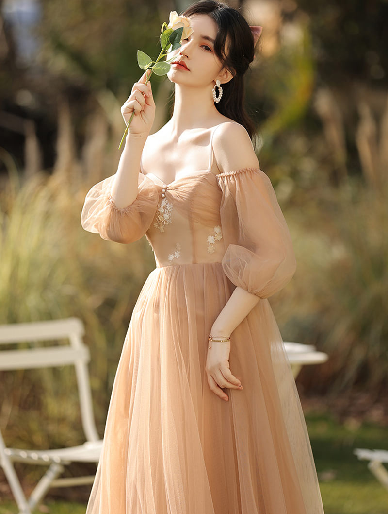 Fairy Champagne Bridesmaid Long Dress Sweet Evening Formal Gown01