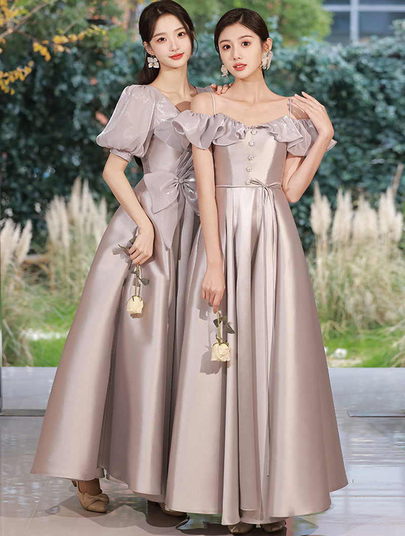 Grey Satin Bridesmaid Evening Wedding Party Long Dress Ball Gown01