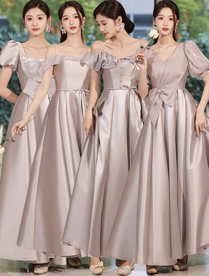 Grey Satin Bridesmaid Evening Wedding Party Long Dress Ball Gown02