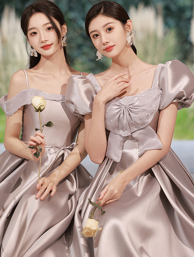 Grey Satin Bridesmaid Evening Wedding Party Long Dress Ball Gown05