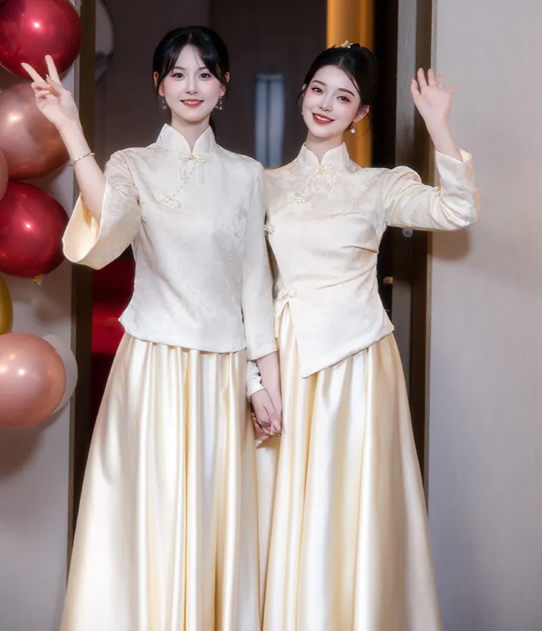 Modern Chinese Style Champagne Satin Jacquard Wedding Bridesmaid Dress -  FloraShe