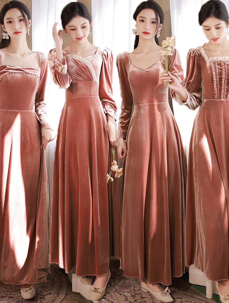 Pink Velvet Long Sleeve Bridesmaid Dress Maid of Honor Party Gown01