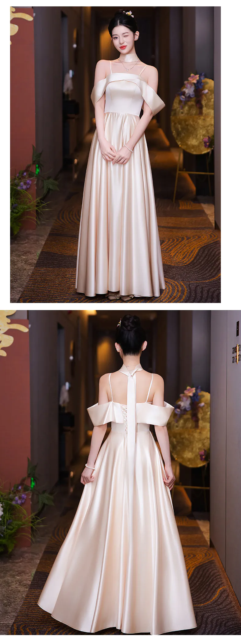midi white graduation dress plus size Simple Sweetheart Neck Champagne Satin Long Prom Dresses, Strapless Ch –  Lwt Dress main image 1