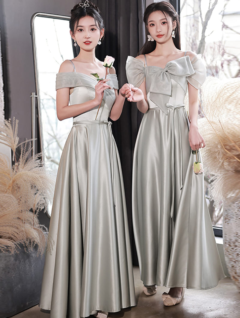 Simple Gray Satin Bridesmaid Dress Sweet Casual Party Ball Gown01