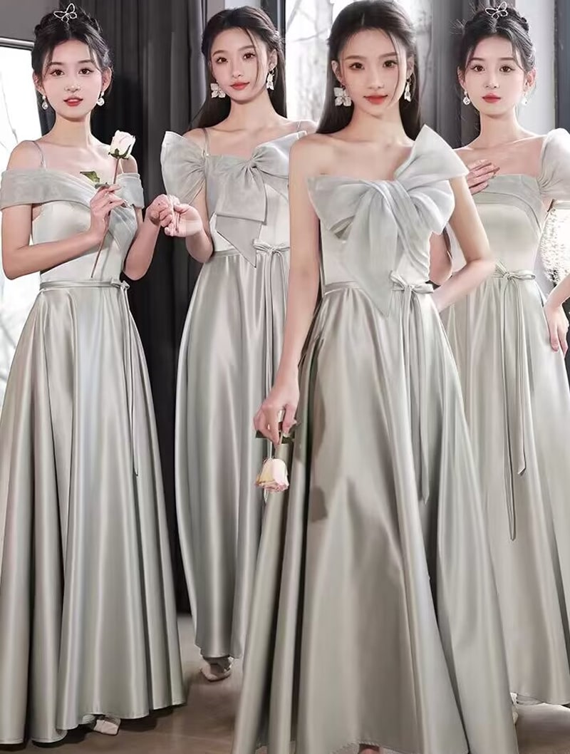 Simple Gray Satin Bridesmaid Dress Sweet Casual Party Ball Gown02