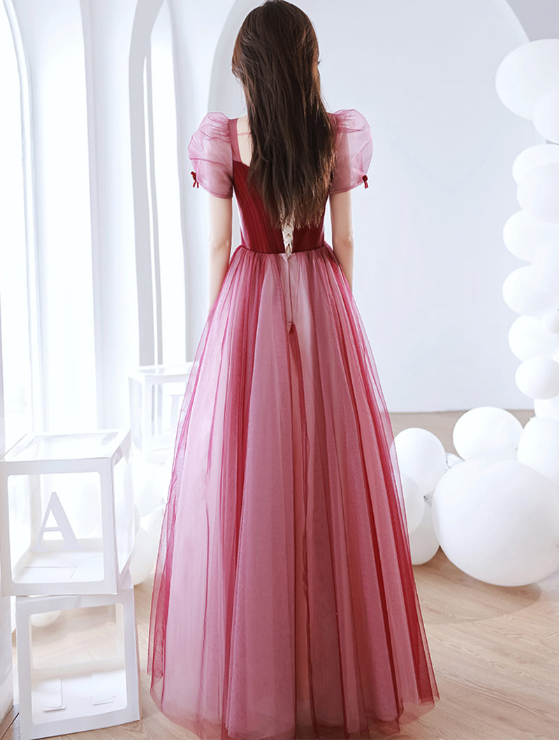 Simple Slim Burgundy Short Sleeve Tulle Maxi Cocktail Party Dress01