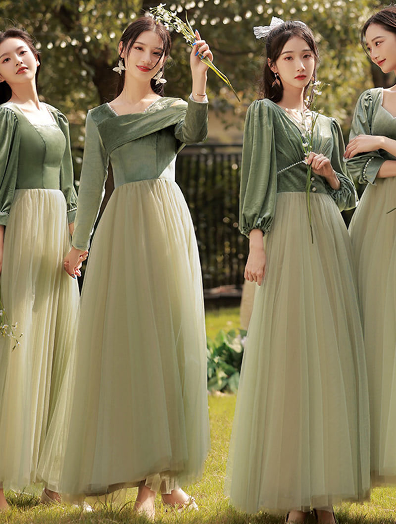 Velvet Bridesmaid Maxi Dress Green Long Sleeve Bridal Party Gown01
