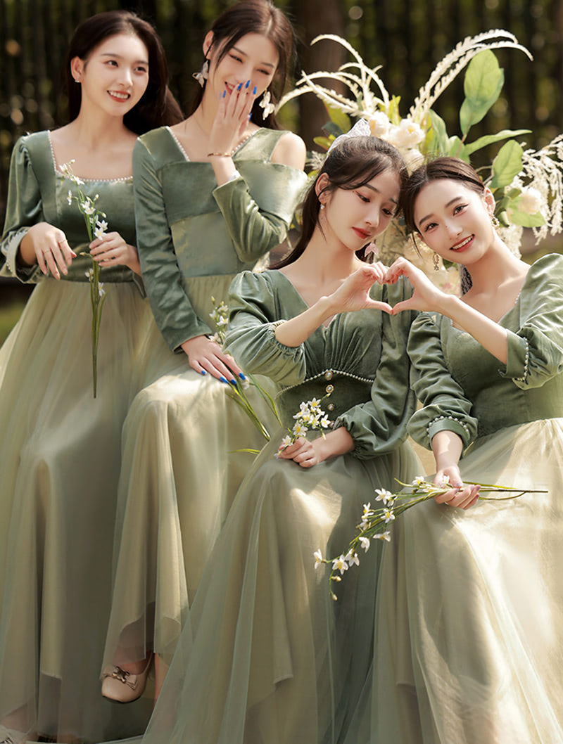 Velvet Bridesmaid Maxi Dress Green Long Sleeve Bridal Party Gown02