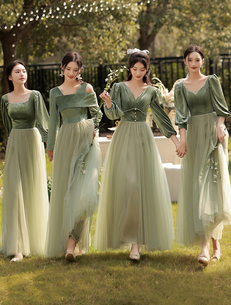 Velvet Bridesmaid Maxi Dress Green Long Sleeve Bridal Party Gown03