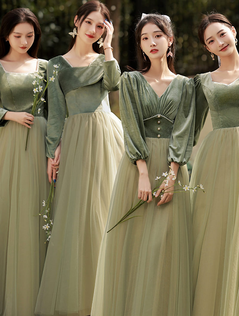 Velvet Bridesmaid Maxi Dress Green Long Sleeve Bridal Party Gown04