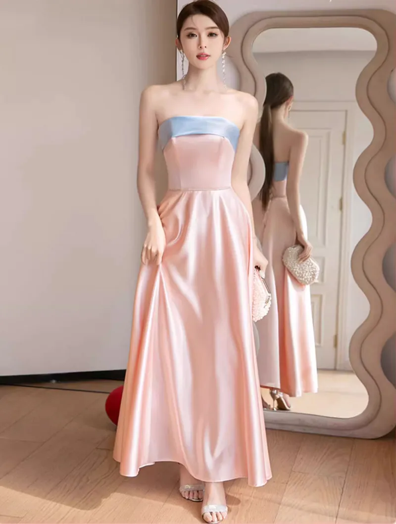 A Line Pink Satin Wedding Bridal Party Homecoming Evening Maxi Dress02