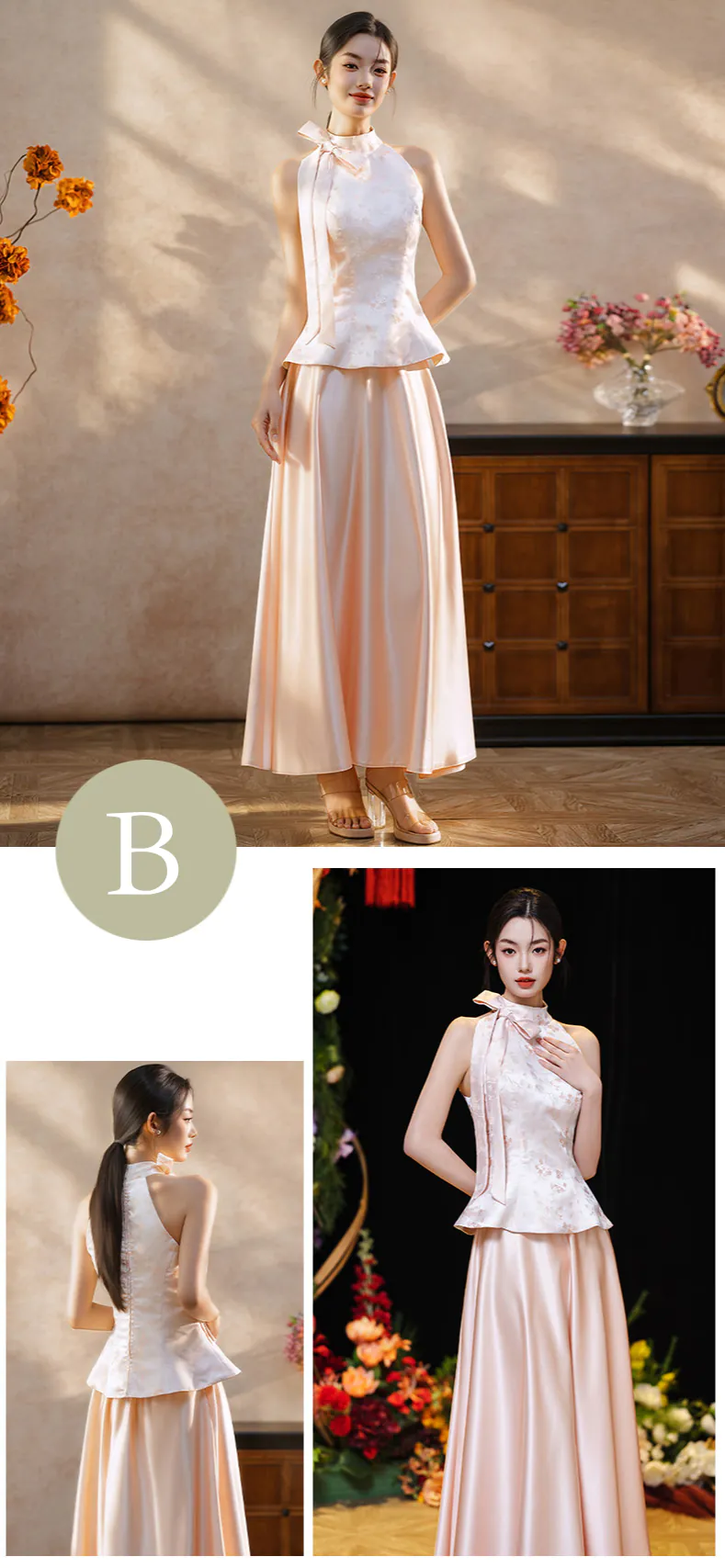Charming-Blush-pink-Jacquard-Top-Satin-Flowing-Skirt-Bridesmaid-Dress-Set15