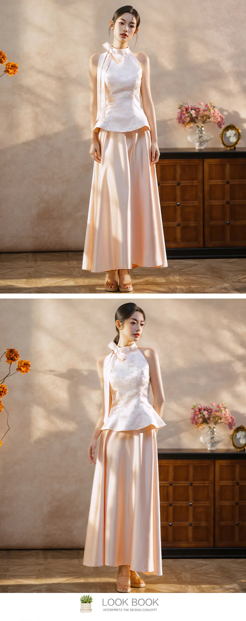 Charming-Blush-pink-Jacquard-Top-Satin-Flowing-Skirt-Bridesmaid-Dress-Set16