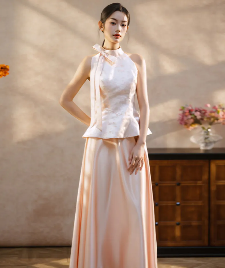 Charming-Blush-pink-Jacquard-Top-Satin-Flowing-Skirt-Bridesmaid-Dress-Set18