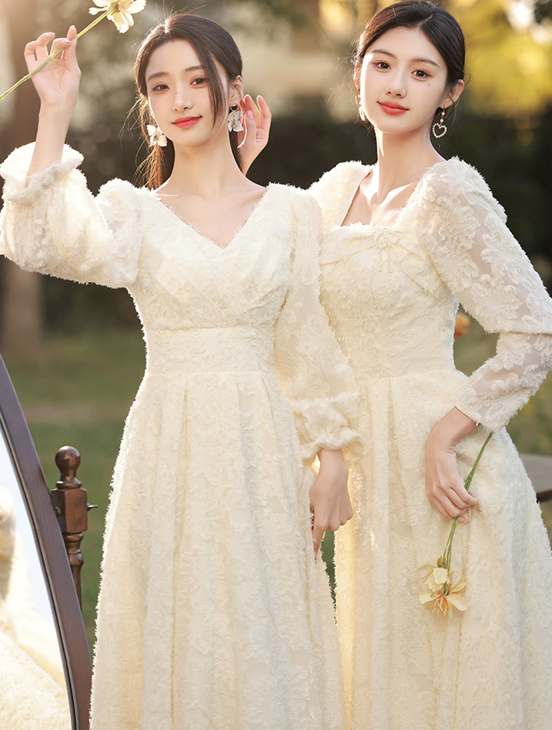 Classy Champagne Autumn Winter Wedding Bridal Party Maxi Dress01