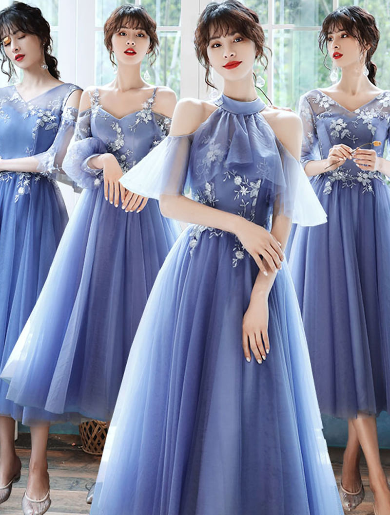 Elegant Blue Floral Embroidery Slim Bridesmaid Homecoming Midi Dress01