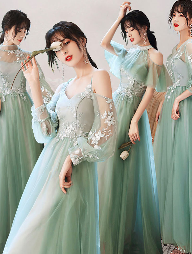Fairy Green Embroidery Bridesmaid Boho Weeding Party Maxi Dress02